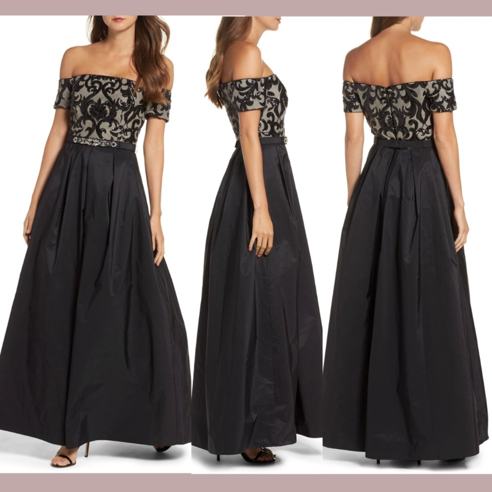 NWT $308 Vince Camuto [ 10 ] Embellished Off Shoulder‎ Ballgown in Black
